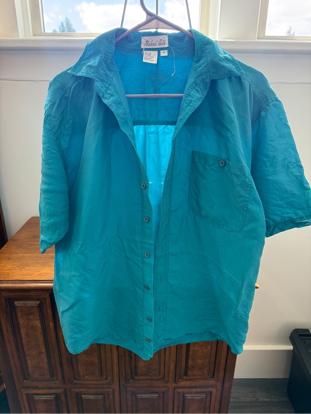 Vintage 1980’s- 100% silk teal short sleeve button up top